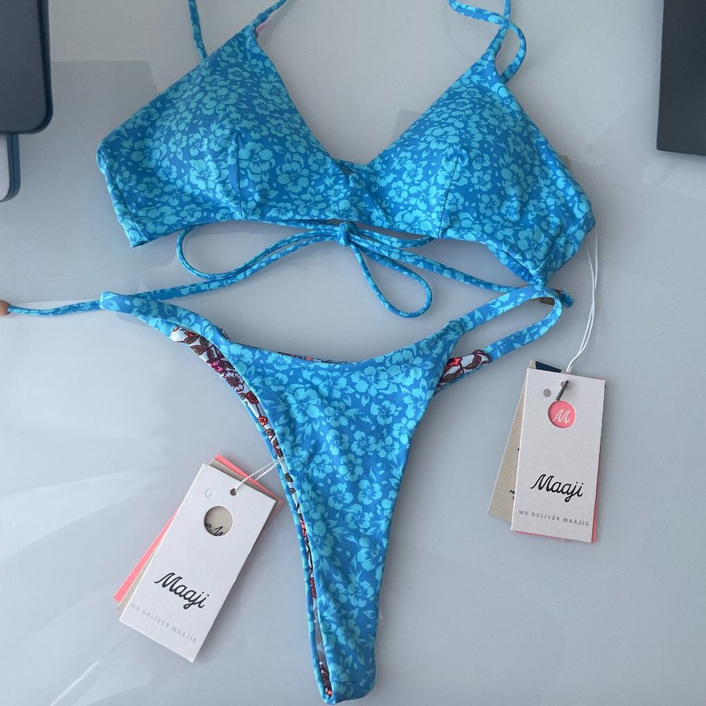Maaji Blue Pansy Bikini NTW, M top & S bottoms (chi chi cut)